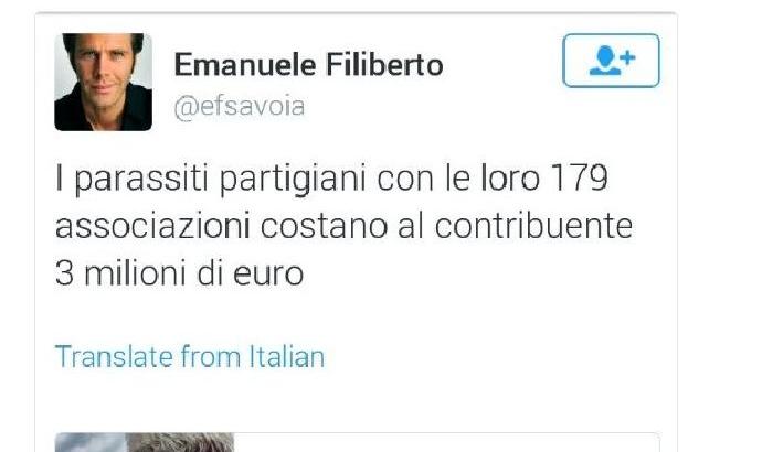 Social in subbuglio: Emanuele Filiberto dà dei parassiti ai partigiani