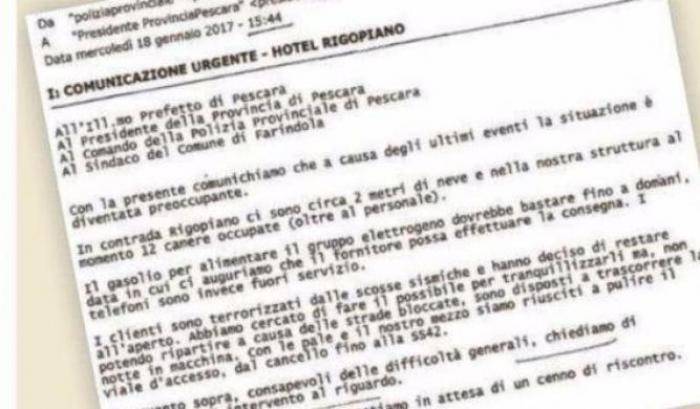 La mail spedita dall'hotel Rigopiano