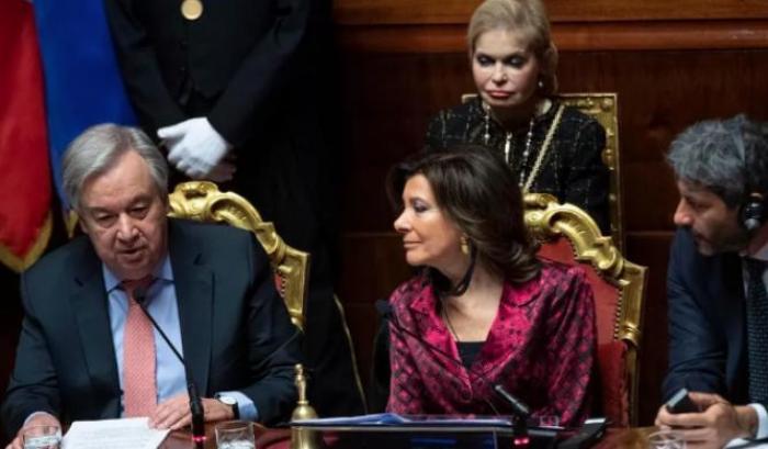 Antonio Guterres con Maria Elisabetta Casellati, presidentessa del Senato, e Roberto Fico, presidente della Camera