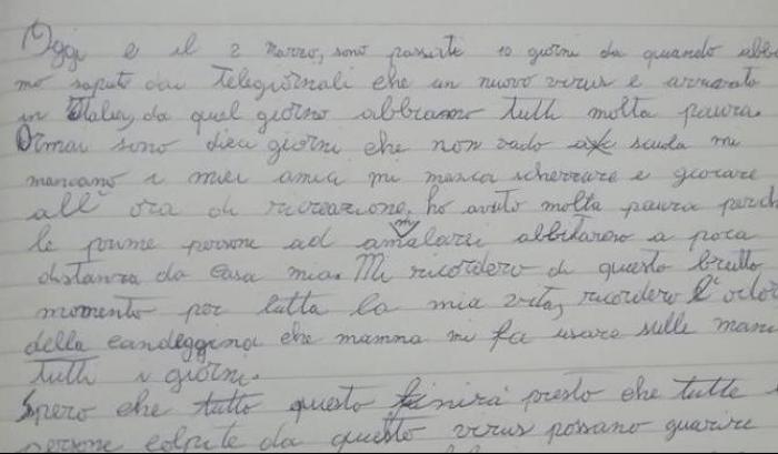 Il tema di una bimba sul Coronavirus : "Ho avuto paura, spero che si possa giocare presto liberi e abbracciarsi"