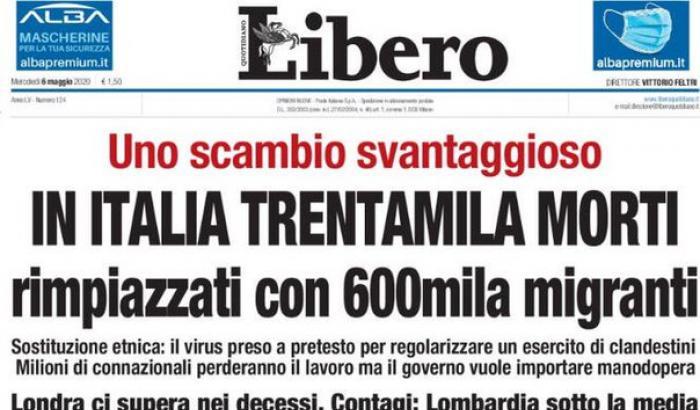 Il razzismo di Libero: "I morti di Covid rimpiazzati con 600mila migranti"