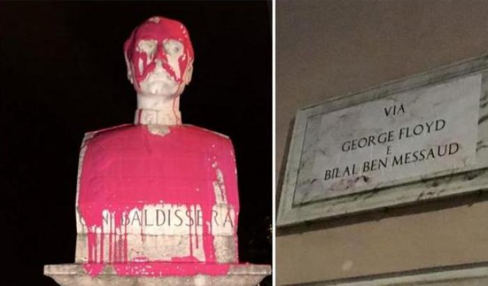 Blitz antirazzista: vernice sul generale colonialista e via dell'Amba Aradam dedicata a George Floyd