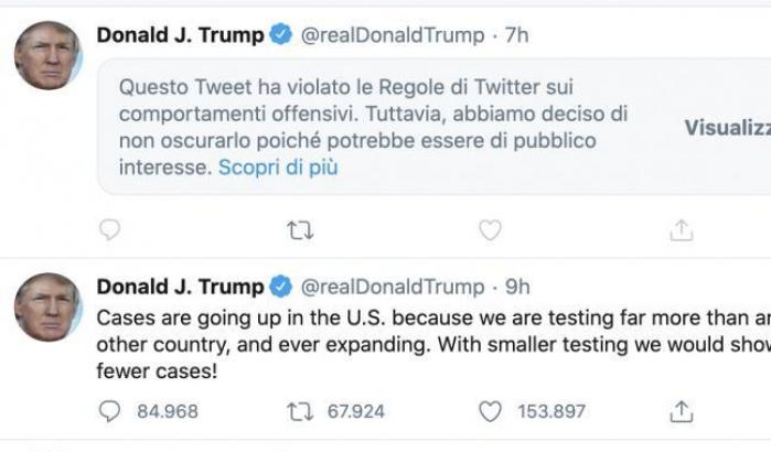 Twitter copre un messaggio di Trump: "Offensivo, ha violato le regole"