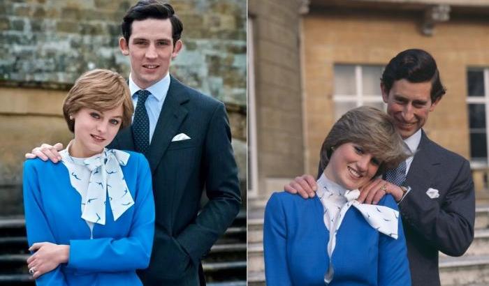 Attori che interpretano il principe Carlo e Diana in The Crown (Netflix) a destra; Diana e Carlo nella vita reale