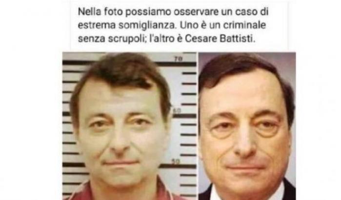 Post su Facebook di Paola Perinetto in cui accosta la foto di Mario Draghi a quella di Cesare Battisti