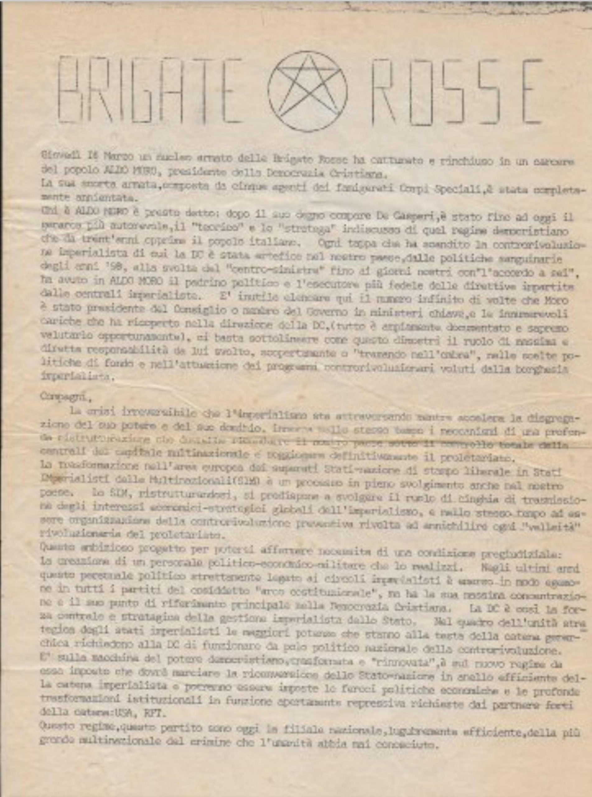 Finisce all'asta il volantino con cui le Brigate rosse rivendicarono il sequestro Moro Finisce all'asta il volantino con cui le Brigate rosse rivendicarono il sequestro Moro