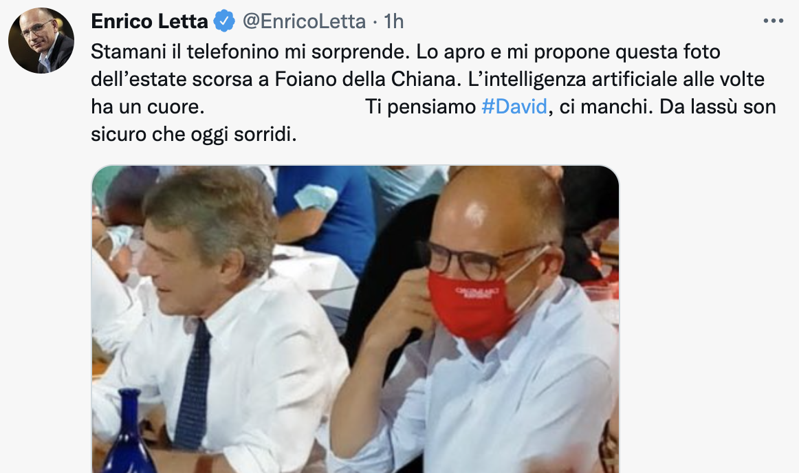 Letta ricorda David Sassoli: "Ci manchi, sono sicuro che da lassù oggi sorridi"