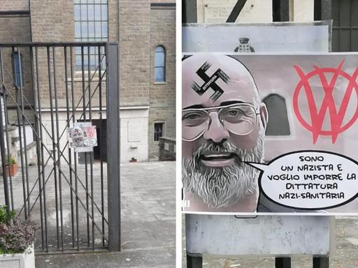 Cartello no-vax con la svastica anti-Bonaccini al sacrario di Marzabotto