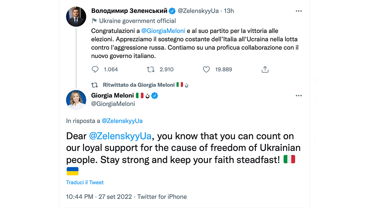 Zelensky si congratula con Meloni e lei risponde: "Potete contare su di noi"