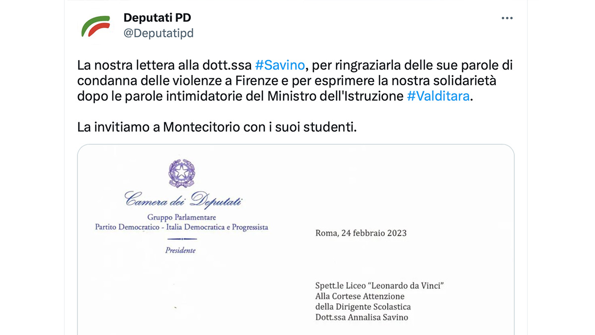 Aggressione fascista, i deputati del Pd scrivono alla preside 'sgridata' da Valditara