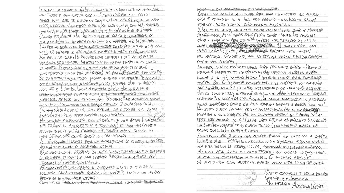 Cospito, ecco il testo integrale della lettera dal carcere: "La mia morte un intoppo per il 41bis"