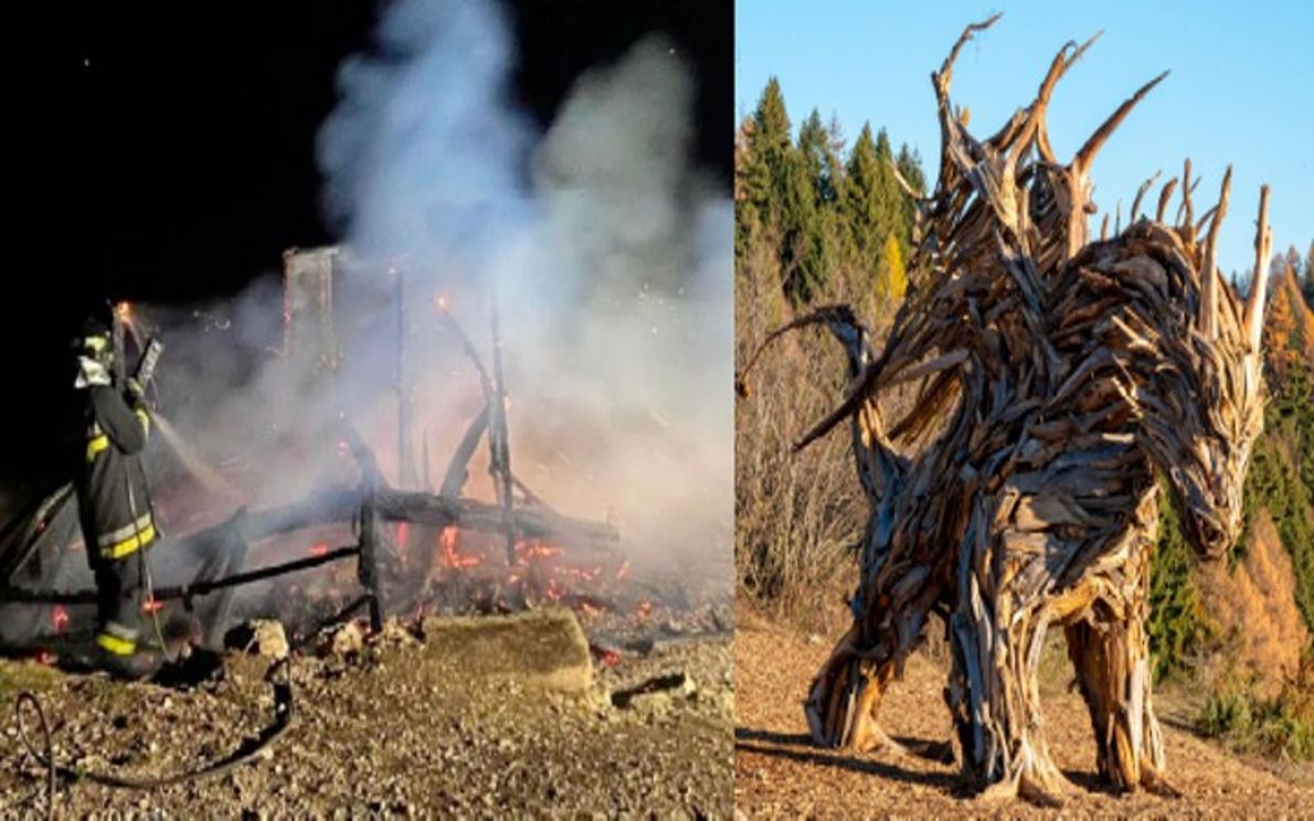 In fiamme il Drago di Vaia: la scultura distrutta da un piromane
