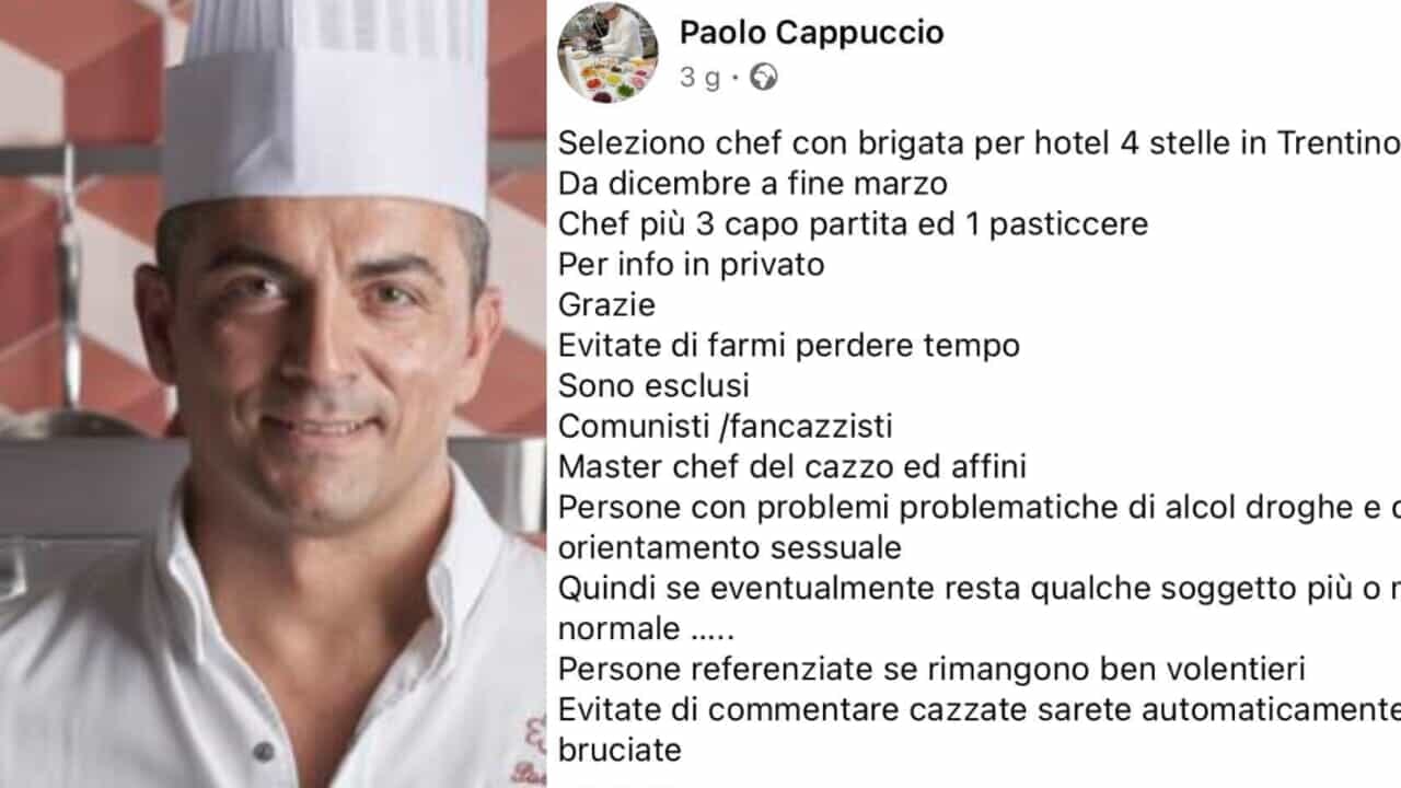Lo chef Cappuccio contro "comunisti e gay": bufera per l’annuncio di lavoro discriminatorio