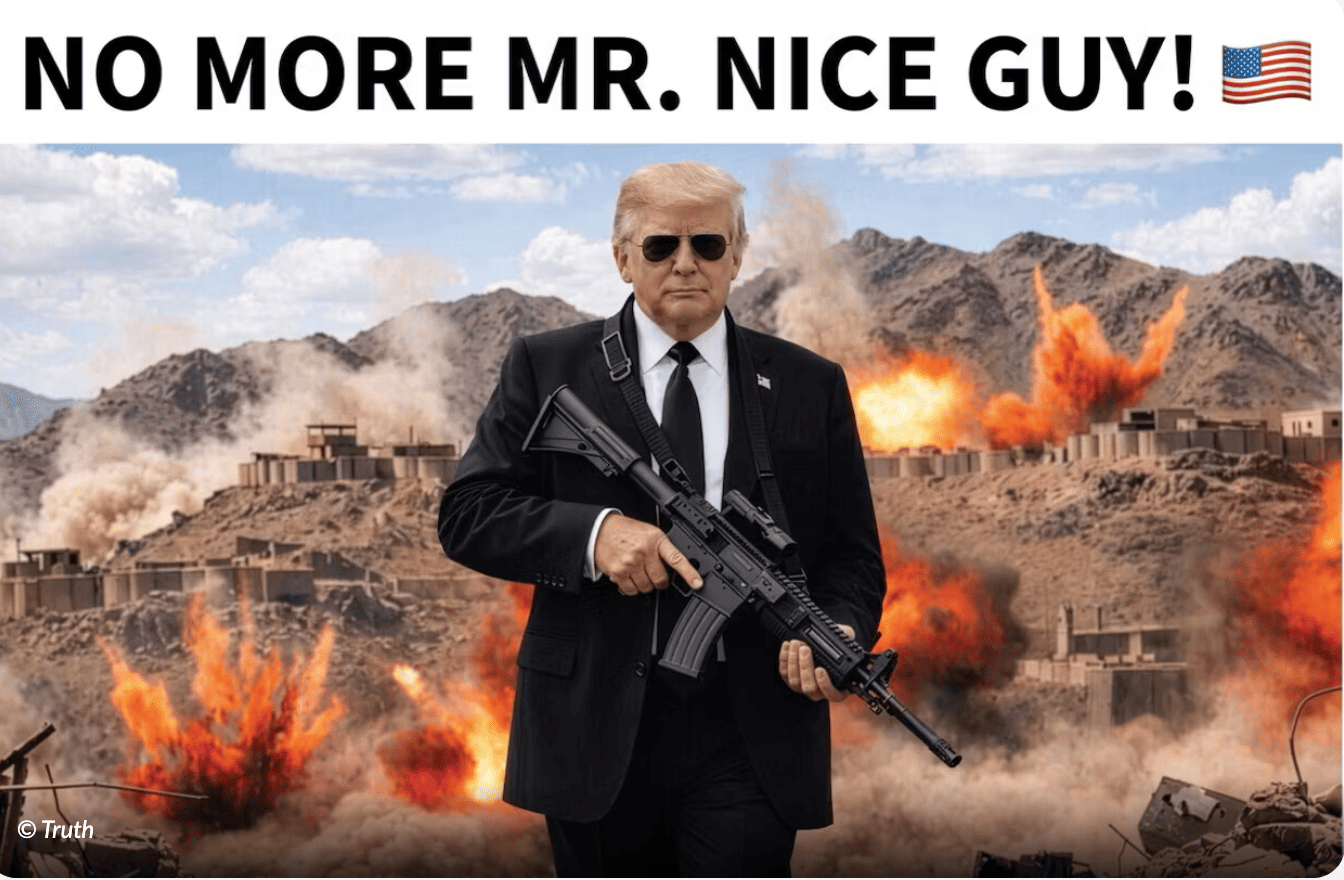 Trump, il nuovo delirio: fotomontaggio con in pugno un mitra e nuove minacce all'Iran